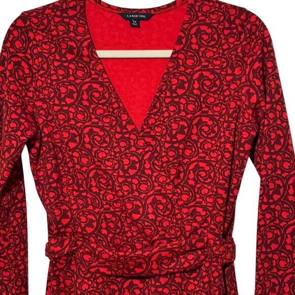 Lands End Size Small Tall Red and Black Faux Wrap Dress - Picture 2 of 8